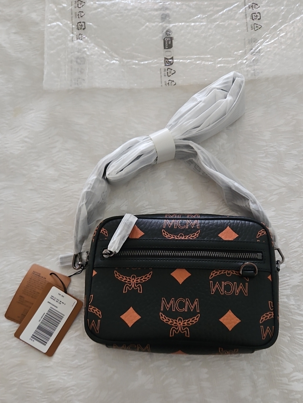 MCM Black Bag with Cognac Logo Print Crossbody